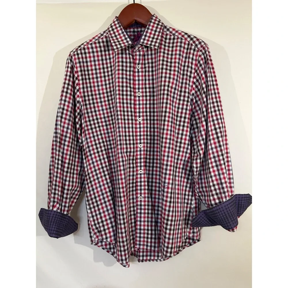 Robert Graham Modern Contras  Cuff‎ Mult-Color Gingham Plaid Mens Sz L Shirt